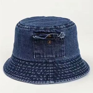 Vintage Boutique Medium Wash denim trendy bucket hat with button snap Pocket NWT